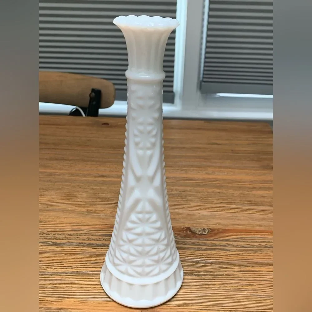 Anchor Hocking White Milk Bud Vase with Intricate Floral Design